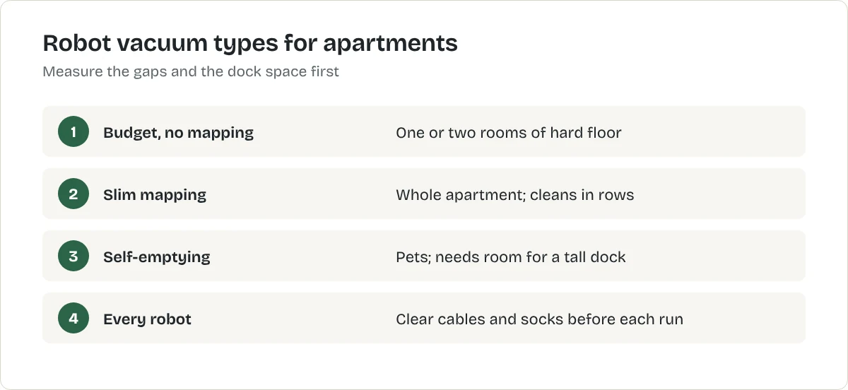 Robot vacuum types for apartments. Budget, no mapping: One or two rooms of hard floor. Slim mapping: Whole apartment; cleans in rows. Self-emptying: Pets; needs room for a tall dock. Every robot: Clear cables and socks before each run