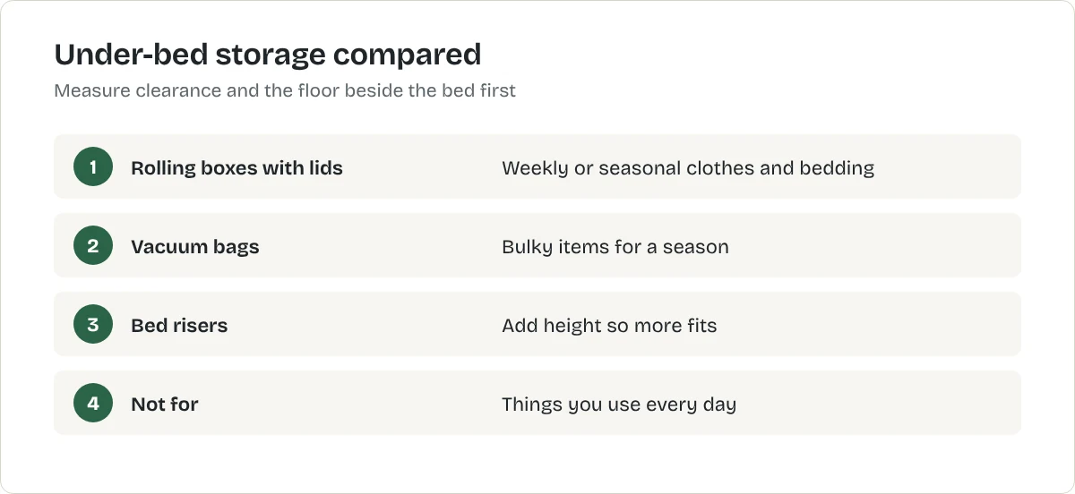 Under-bed storage compared. Rolling boxes with lids: Weekly or seasonal clothes and bedding. Vacuum bags: Bulky items for a season. Bed risers: Add height so more fits. Not for: Things you use every day