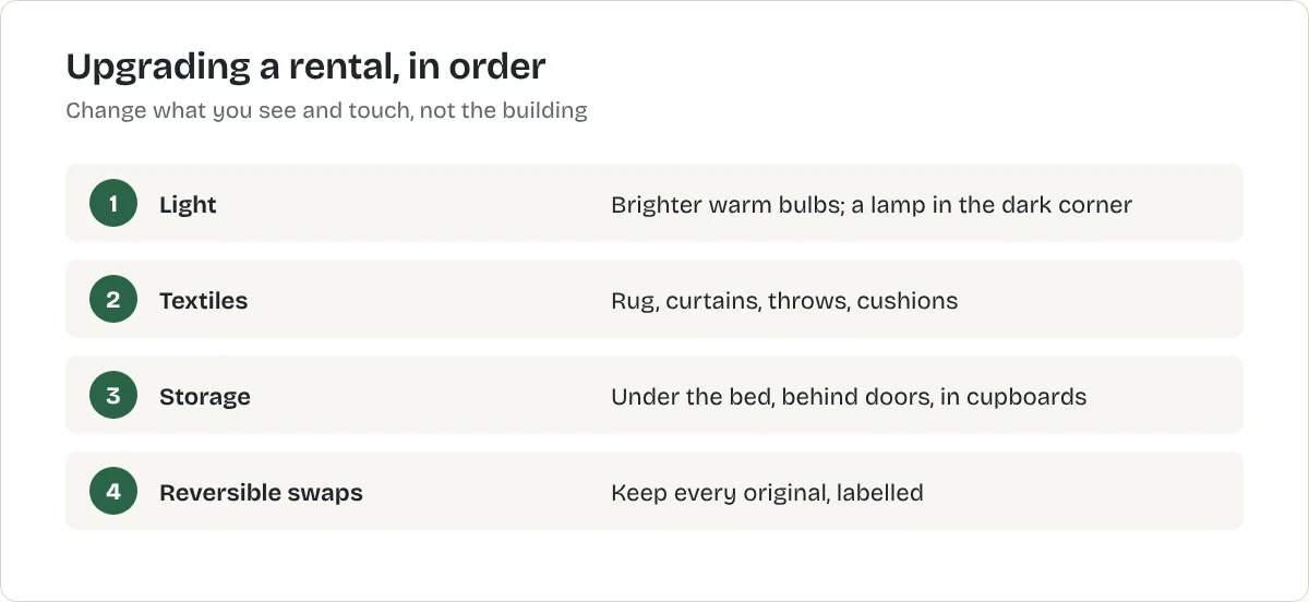 Upgrading a rental, in order. Light: Brighter warm bulbs; a lamp in the dark corner. Textiles: Rug, curtains, throws, cushions. Storage: Under the bed, behind doors, in cupboards. Reversible swaps: Keep every original, labelled