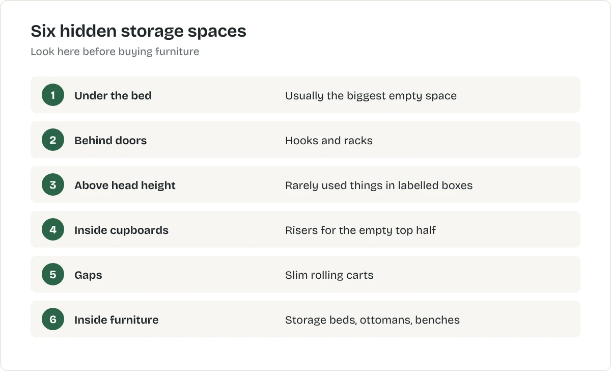 Six hidden storage spaces. Under the bed: Usually the biggest empty space. Behind doors: Hooks and racks. Above head height: Rarely used things in labelled boxes. Inside cupboards: Risers for the empty top half. Gaps: Slim rolling carts. Inside furniture: Storage beds, ottomans, benches