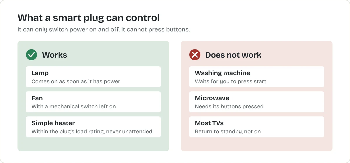 Two columns. Works with a smart plug: lamp, fan, simple heater with a mechanical switch. Does not work: washing machine, microwave, most TVs