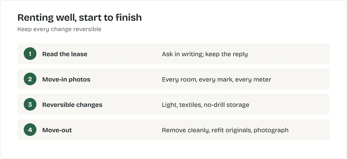 Renting well, start to finish. Read the lease: Ask in writing; keep the reply. Move-in photos: Every room, every mark, every meter. Reversible changes: Light, textiles, no-drill storage. Move-out: Remove cleanly, refit originals, photograph