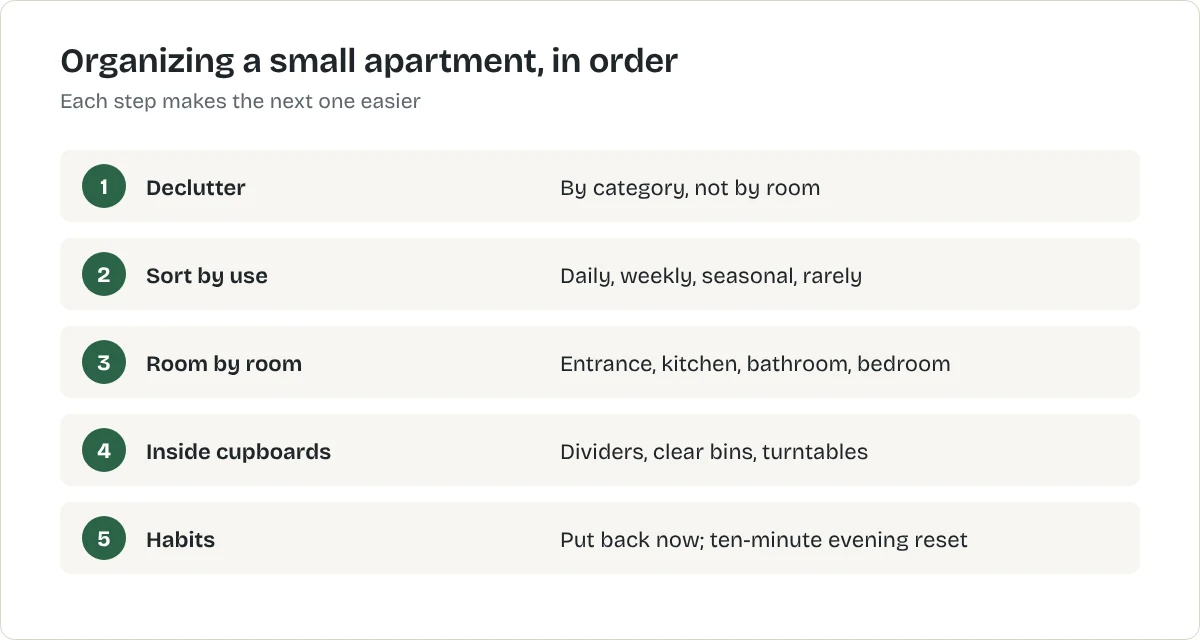 Organizing a small apartment, in order. Declutter: By category, not by room. Sort by use: Daily, weekly, seasonal, rarely. Room by room: Entrance, kitchen, bathroom, bedroom. Inside cupboards: Dividers, clear bins, turntables. Habits: Put back now; ten-minute evening reset
